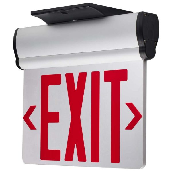 Edge-Lit LED Exit Sign, Dual face with Red Letters, Silver Finish, Mirror Panel, Battery Included, Top Back End Mount Discount