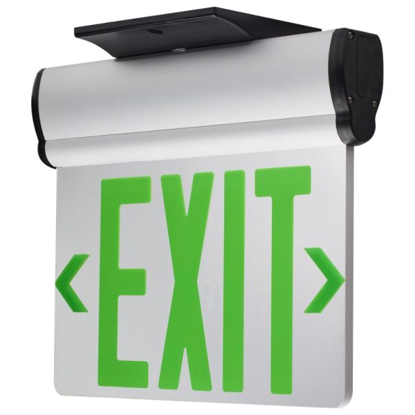 Edge-Lit LED Exit Sign, Dual face with Green Letters, Silver Finish, Battery Included, Top Back End Mount Hot on Sale