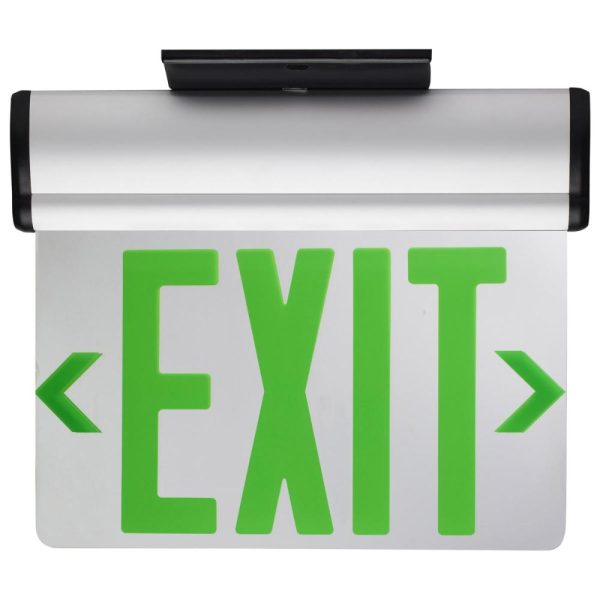 Edge-Lit LED Exit Sign, Dual face with Green Letters, Silver Finish, Battery Included, Top Back End Mount Hot on Sale