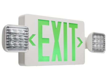 LED Combo Exit Sign, Dual face with Green Letters, White Finish, Battery Backup Included, Remote Capable, Square Lights on Sale