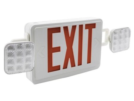 LED Combo Exit Sign, Universal Face with Red Letters, White Finish, Battery Backup Included, Square Head Lights For Sale