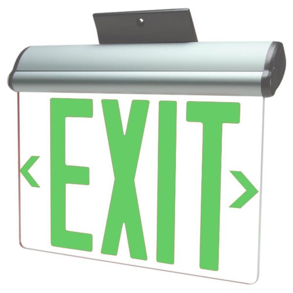 Edge-Lit LED Exit Sign, Single Face Clear with Green Letters, Surface or Recessed Mount, Silver Finish, Battery Backup Included Fashion