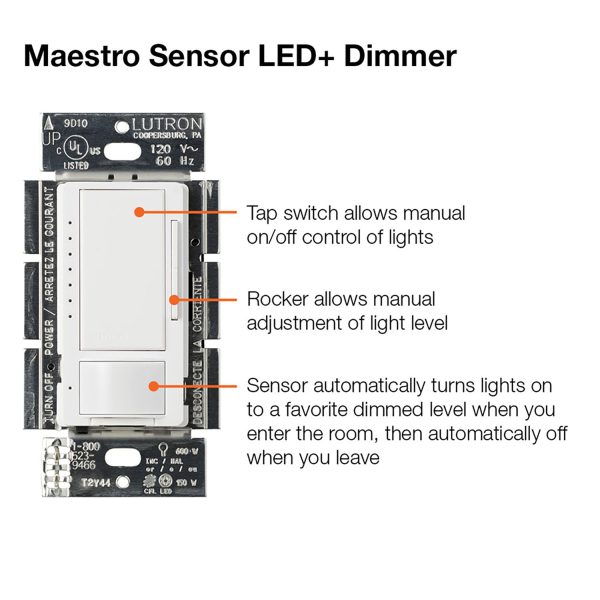 Maestro PIR 180° Motion Sensor Wall Switch with LED+ Dimmer, 150W, 120V, Light Almond For Discount