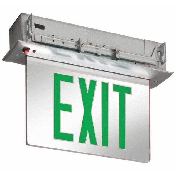 Edge-Lit LED Exit Sign, Single face with Green Letters, Mirror Panel Finish, Battery Backup Included For Discount