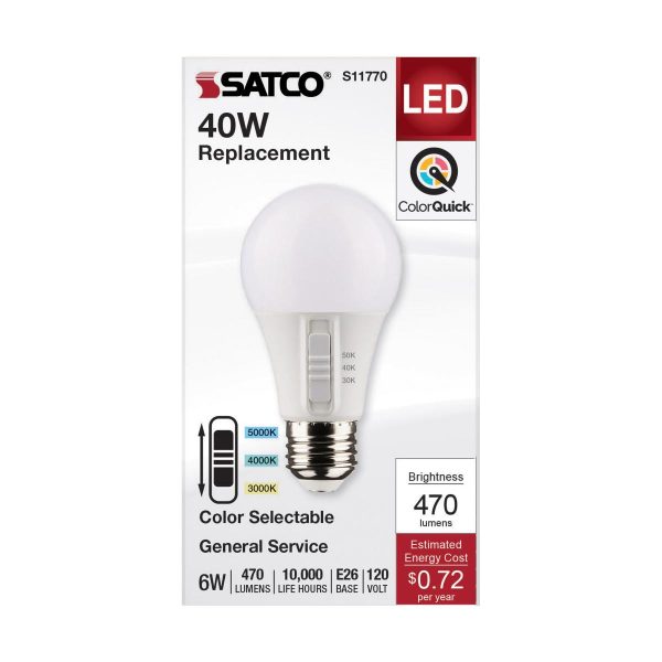 A19 LED Bulb, 6 Watts, 470 Lumens, Selectable 30K|40K|50K, 40W Equal, E26 Medium Base Online