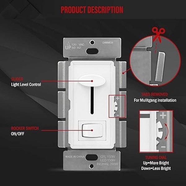 LED+ Slide Dimmer Switch, 150-Watts LED CFL, Single Pole or 3-Way, White For Cheap