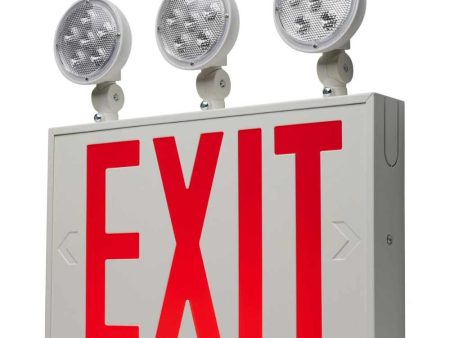 LED Combo Exit Sign, Dual face with Red Letters, White Finish, Battery Included, Tri Head Lights Online Hot Sale