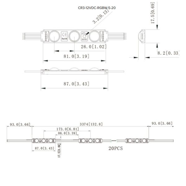 RGBW LED Channel Ray, 3 LEDs, 20 Modules, 12VDC on Sale