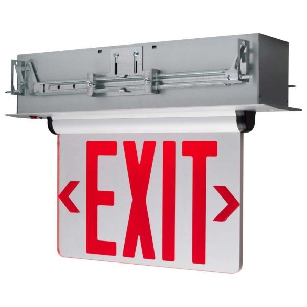 Edge-Lit LED Exit Sign, Dual face with Red Letters, Silver Finish, Mirror Panel, Battery Included Online Sale