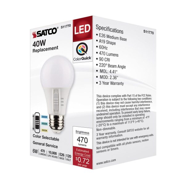 A19 LED Bulb, 6 Watts, 470 Lumens, Selectable 30K|40K|50K, 40W Equal, E26 Medium Base Online