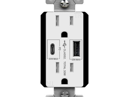 15 Amp Duplex Outlet with USB-A C Outlet Tamper-Resistant, 30 W Power Delivery, White Supply