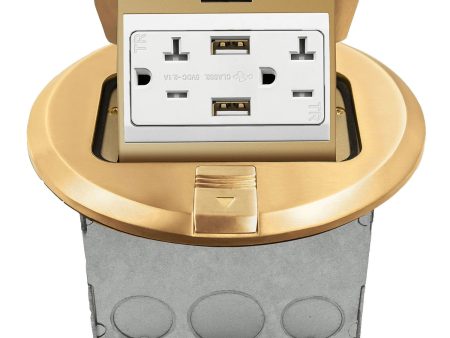 Round Pop-Up Floor Outlet Box, 20 Amp Duplex Receptacle with 2.1A USB Charger, Brass Supply