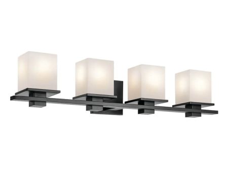 Tully 32 In 4-Lights Bathroom Vanity Light With Satin Etched Cased Opal Glass, Black Finish Online now