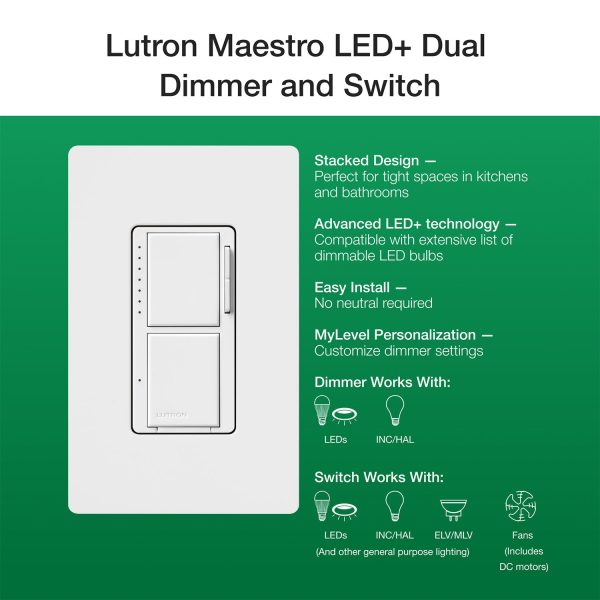 Maestro LED+ Dual Dimmer and Switch, Single Pole, White Online Sale