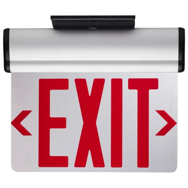 Edge-Lit LED Exit Sign, Single face with Red Letters, Silver Finish, Battery Included, Top Back End Mount Discount