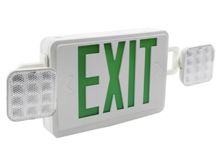 LED Combo Exit Sign, Universal Face with Green Letters, White Finish, Battery Backup Included, Square Head Lights For Discount