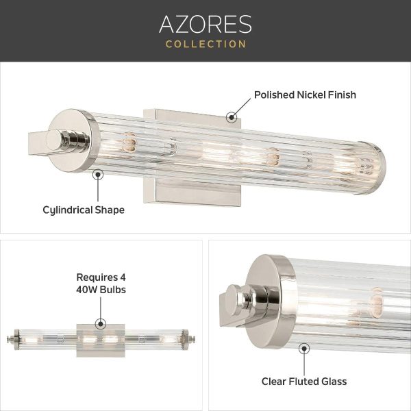 Azores 25 In 4-Lights Bathroom Vanity Light With Clear Fluted Glass, Silver Finish on Sale