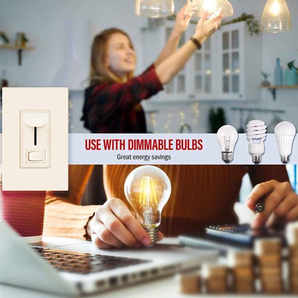 LED+ Slide Dimmer Switch, 150-Watts LED CFL, Single Pole or 3-Way, Light Almond Fashion