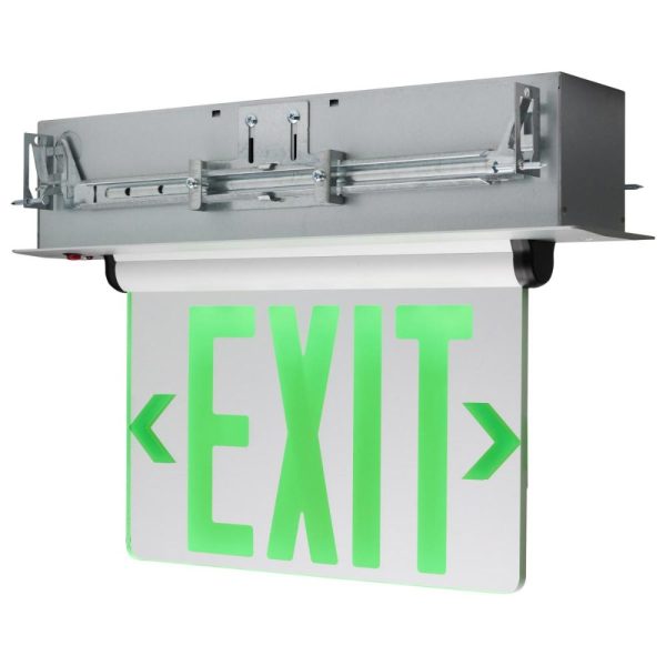 Edge-Lit LED Exit Sign, Dual face with Green Letters, Silver Finish, Mirror Panel, Battery Included For Cheap