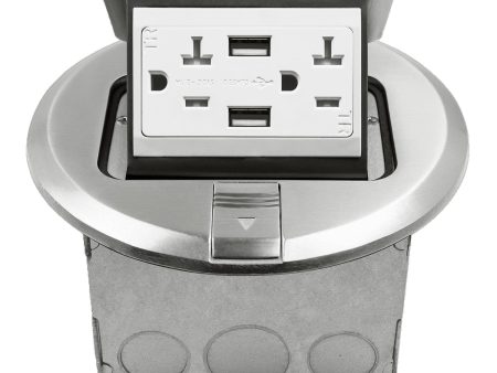 Round Pop-Up Floor Outlet Box, 20 Amp Duplex Receptacle with 2.1A USB Charger, Nickel Supply