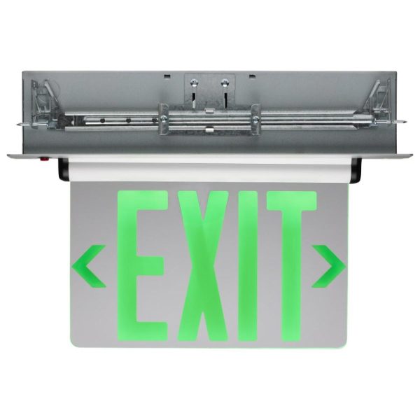 Edge-Lit LED Exit Sign, Dual face with Green Letters, Silver Finish, Mirror Panel, Battery Included For Cheap