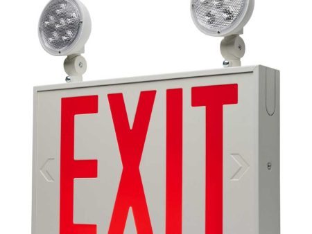 LED Combo Exit Sign, Dual face with Red Letters, White Finish, Battery Backup Included, Round Lights Cheap