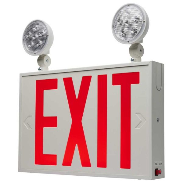 LED Combo Exit Sign, Dual face with Red Letters, White Finish, Battery Backup Included, Round Lights Cheap