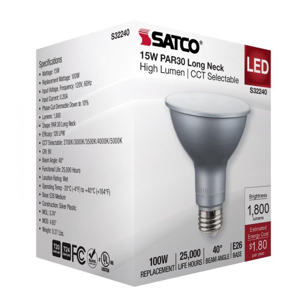 PAR30 Long Neck LED Bulb, 15W, 1800 Lumens, 27K|30K|40K|50K, E26 Base, 40° Flood, 120V Online