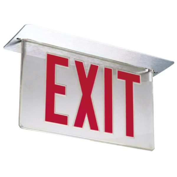 Edge-Lit LED Exit Sign, Double face with Red Letters, Mirror Panel, Battery Backup Included, Top Mount For Sale