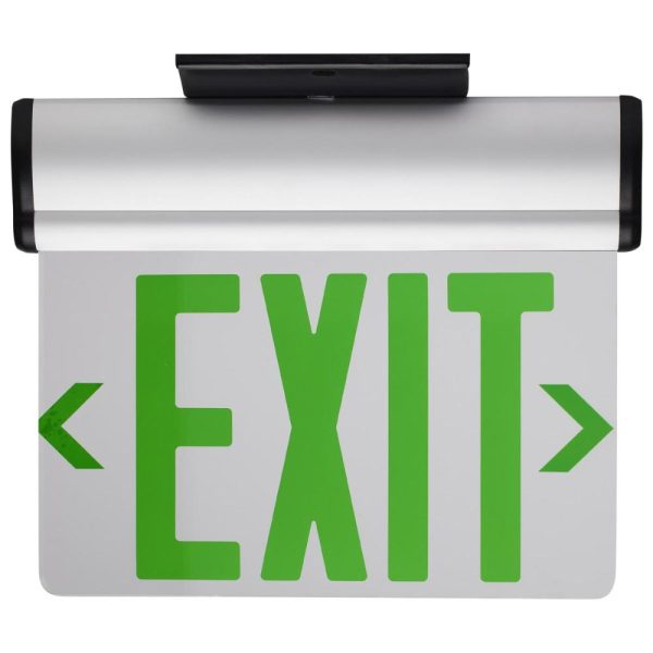 Edge-Lit LED Exit Sign, Single face with Green Letters, Silver Finish, Battery Included, Top Back End Mount Sale