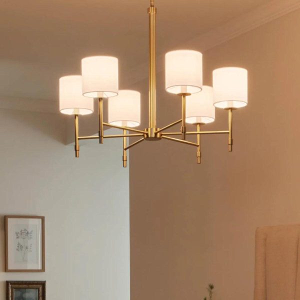 Ali 28  6-Light Chandelier with Fabric Drum Shade, Brushed Natural Brass Finish Fashion