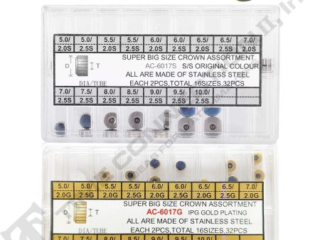 CR-T6017A, Chronograph Button Watch Crown Yellow & Stainless Steel Assortment (64 Pieces) Cheap