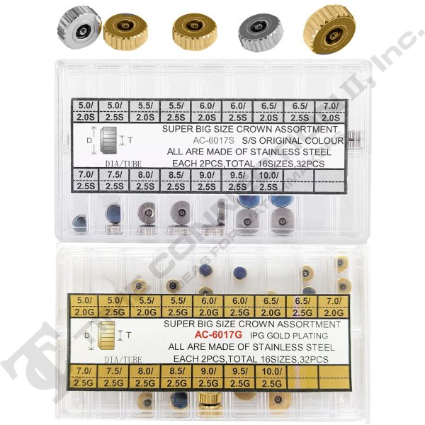 CR-T6017A, Chronograph Button Watch Crown Yellow & Stainless Steel Assortment (64 Pieces) Cheap