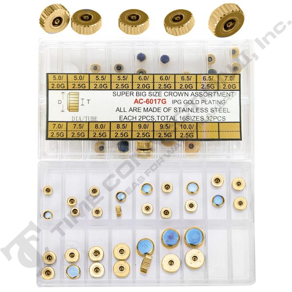 CR-T6017A, Chronograph Button Watch Crown Yellow & Stainless Steel Assortment (64 Pieces) Cheap